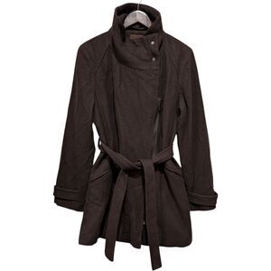 Cole Haan Brown Wool Blend Asymmetrical Zip Belted Coat - Size XL